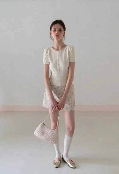 Short Sleeve Knit Top with Lace Trim and Button Placket