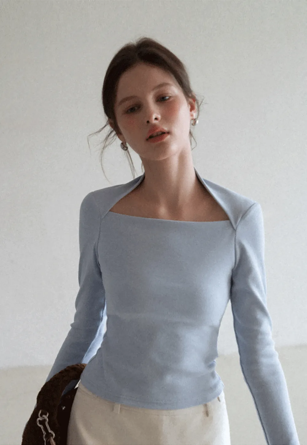 square neck long sleeve top fitted design women's t shirt