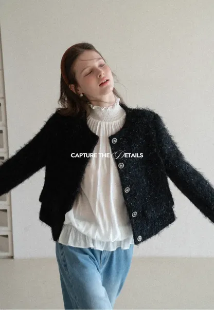 Fuzzy Knit Short Jacket with Button Detail