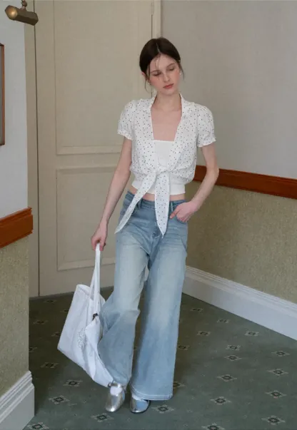 Polka dot short sleeve shirt with front tie detail