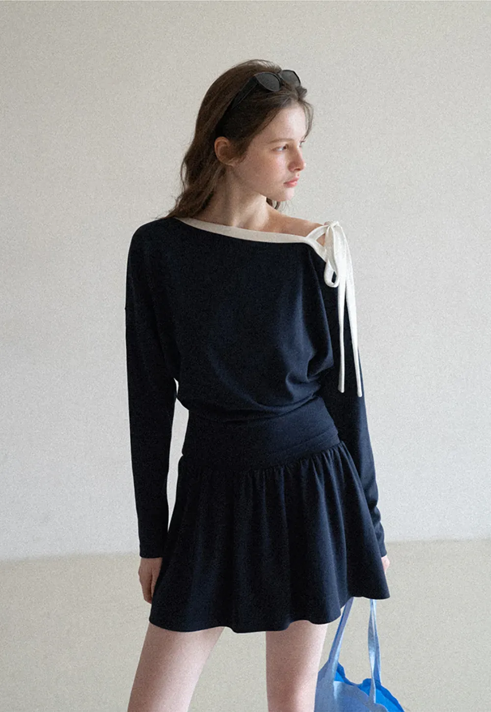 Long sleeve top with bow detail and mini skirt set