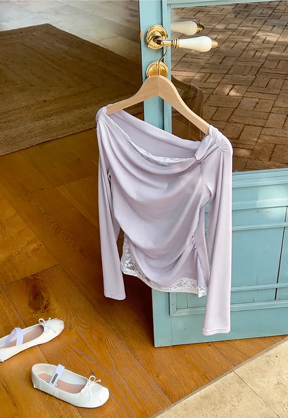 Off shoulder long sleeve top with lace trim