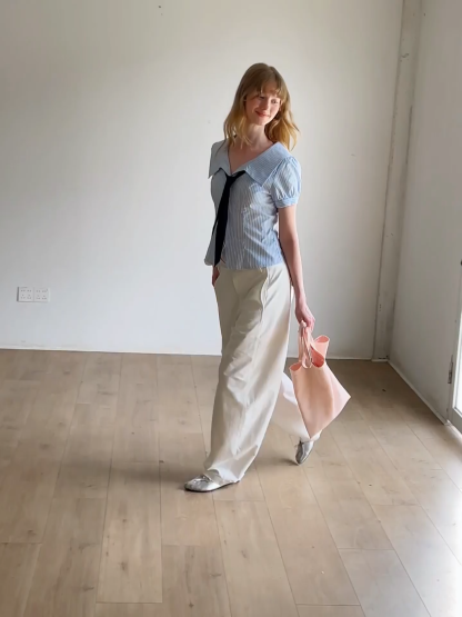 Striped Short Sleeve Sailor Collar Cropped Shirt