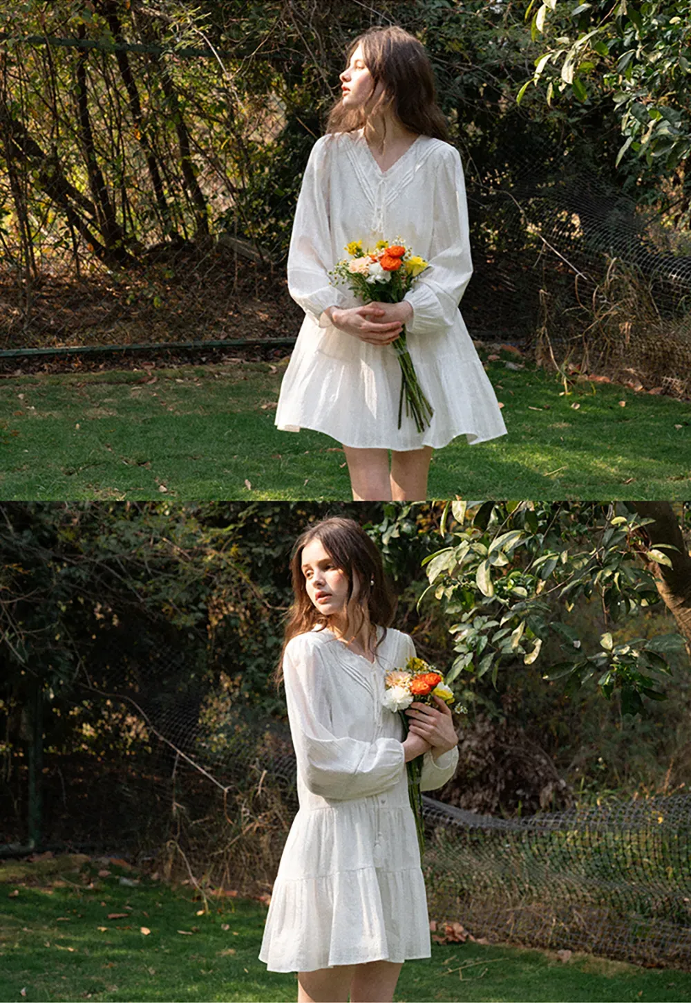 V neck long sleeve tiered dress with lace trim