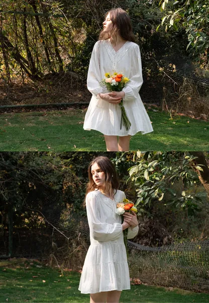 V neck long sleeve tiered dress with lace trim