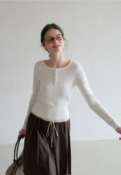 Cable Knit Long Sleeve Sweater with Button Detail