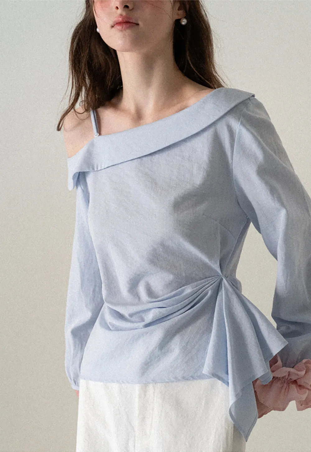 Off Shoulder Shirt with Ruched Sleeve Detail