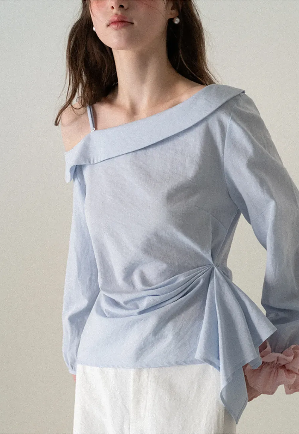 Off Shoulder Shirt with Ruched Sleeve Detail