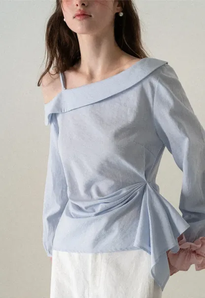 Off Shoulder Shirt with Ruched Sleeve Detail