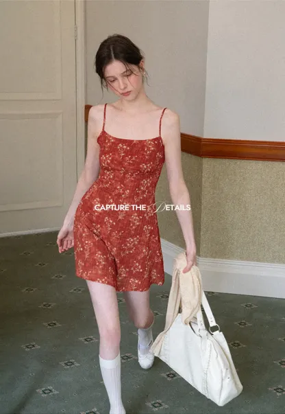Floral Print Slip Dress with Thin Straps
