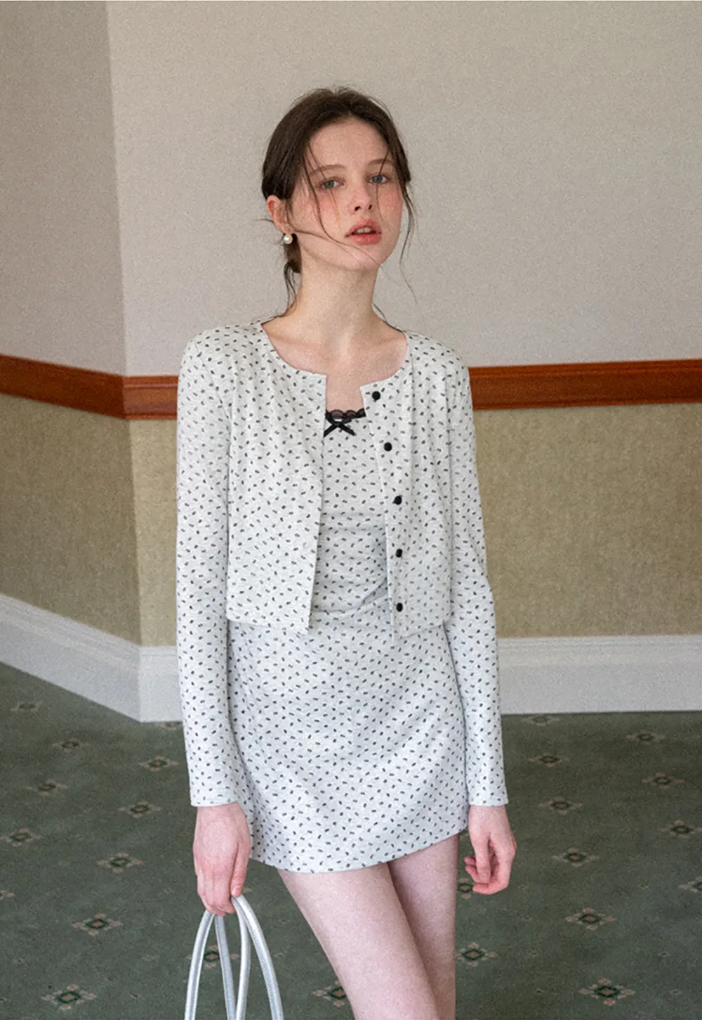 Polka dot dress with lace trim and matching cardigan