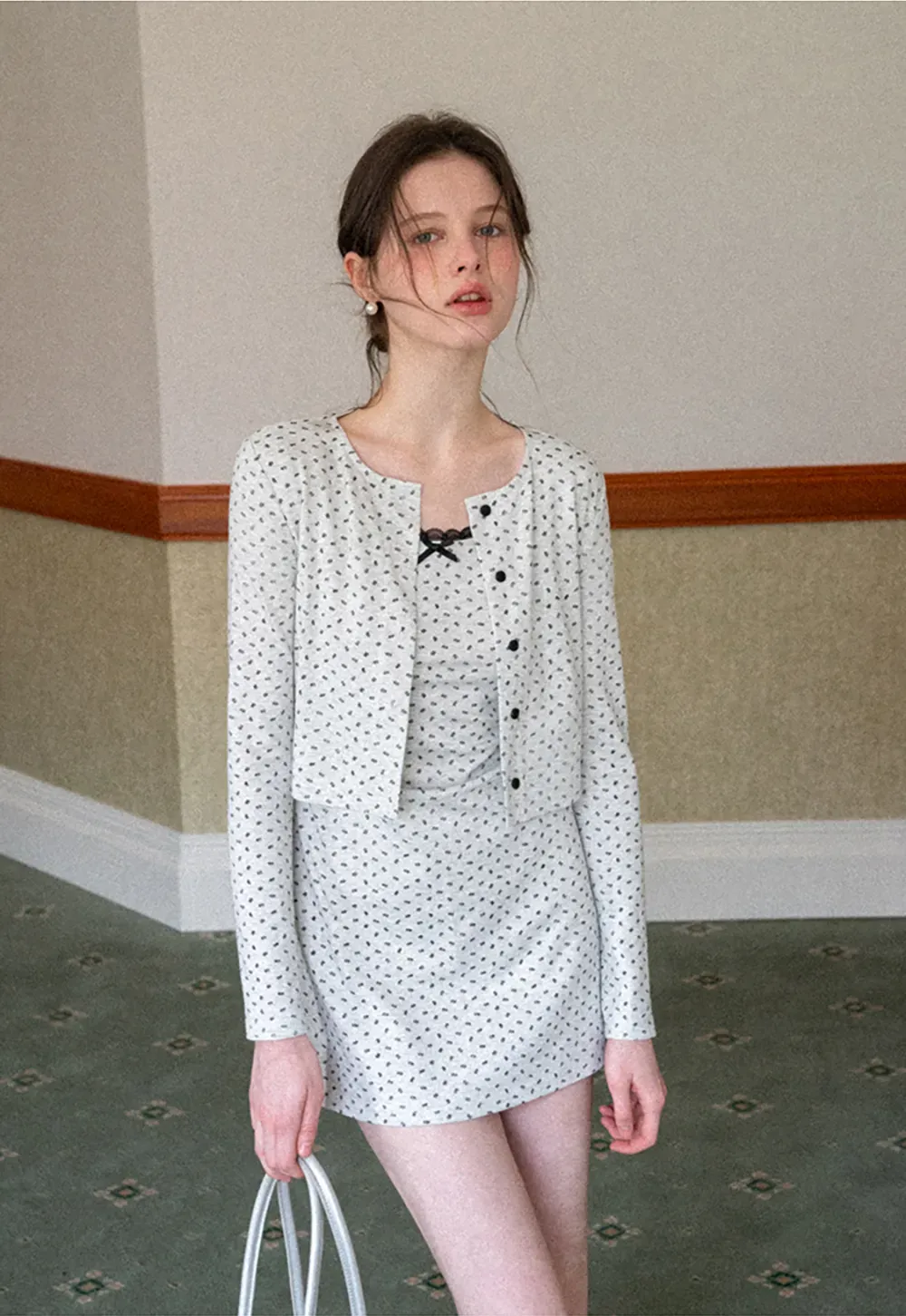 Polka dot dress with lace trim and matching cardigan