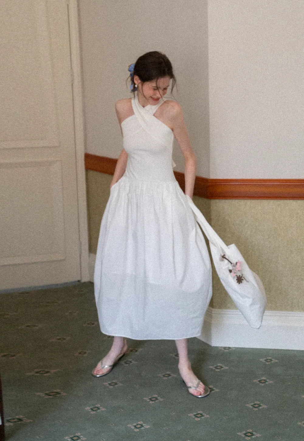 Halter Neck A Line Midi Dress with Pleated Skirt