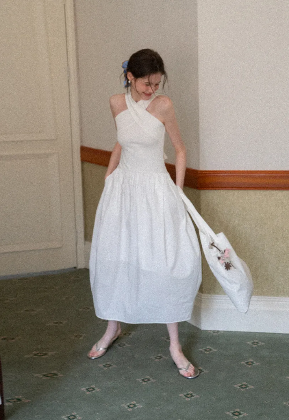 Halter Neck A Line Midi Dress with Pleated Skirt