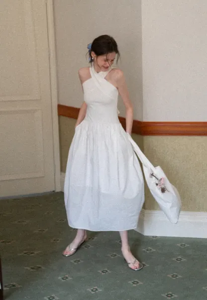 Halter Neck A Line Midi Dress with Pleated Skirt