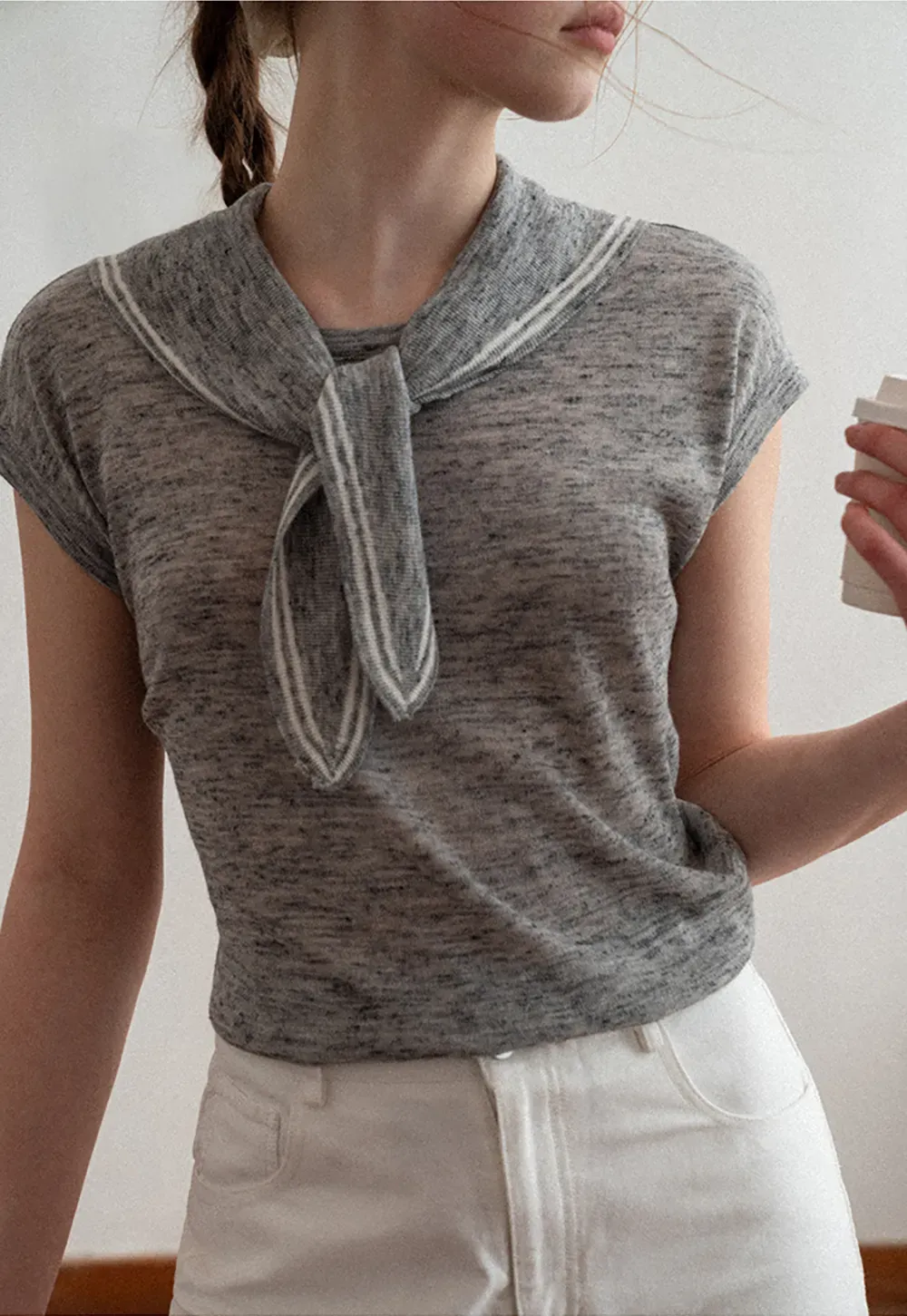 Short Sleeve Knit Sweater with Neck Tie Detail