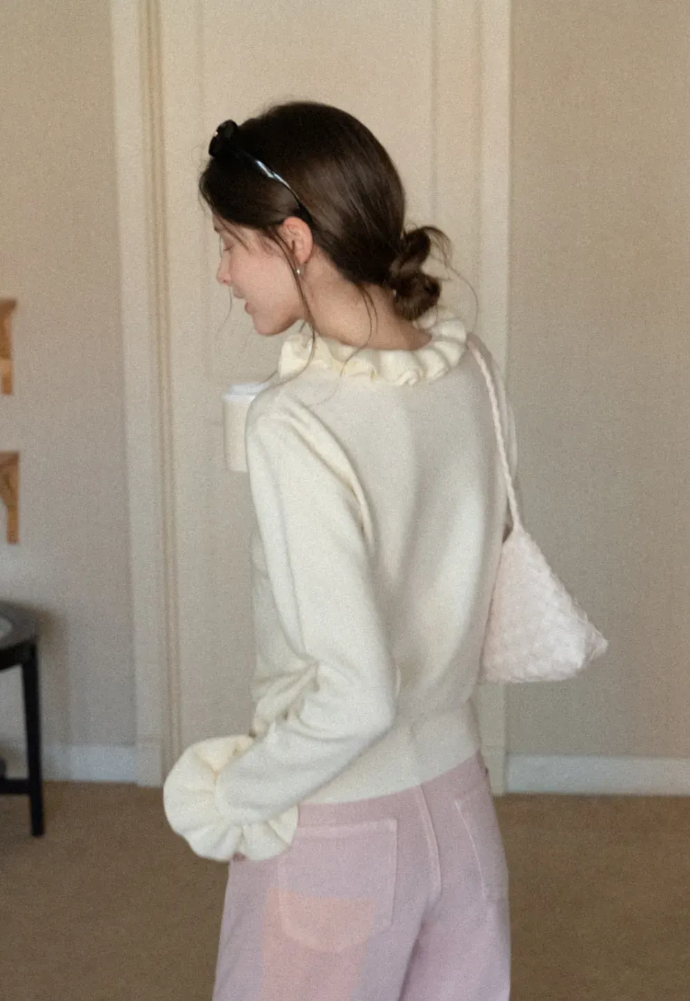Elegant Ruffle Detail Knit Sweater with Flared Cuffs and Neckline