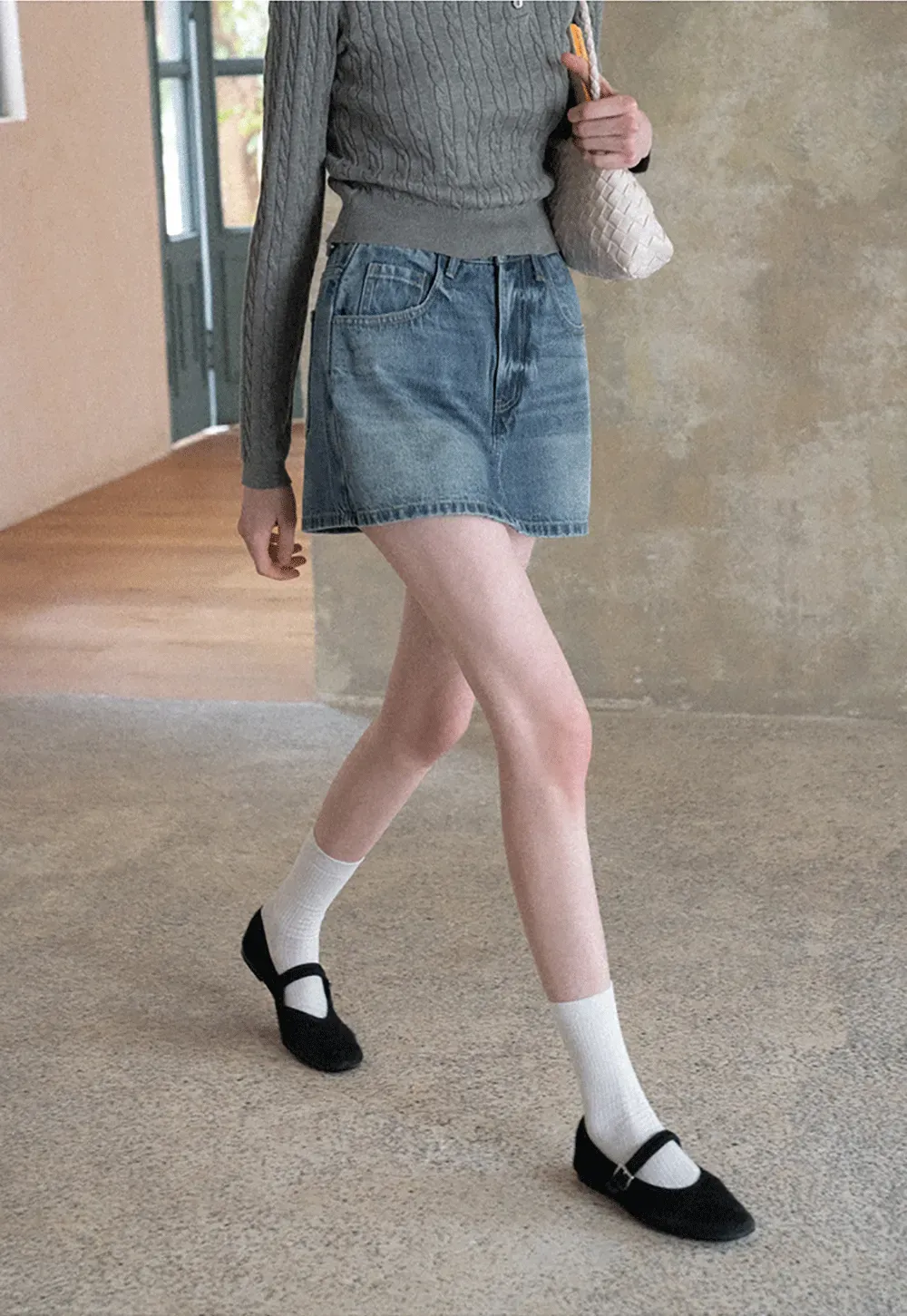 Denim Mini Skirt with Front Pocket and Frayed Hem