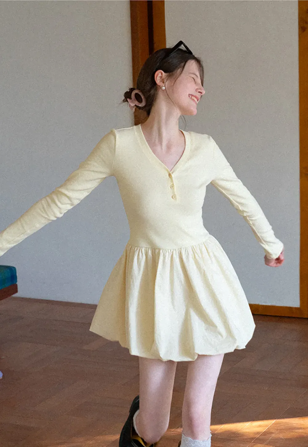 V neck long sleeve dress with flared skirt