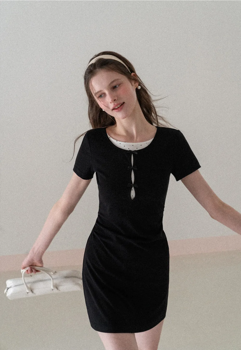 Short Sleeve Dress with Polka Dot Collar and Front Knot Detail