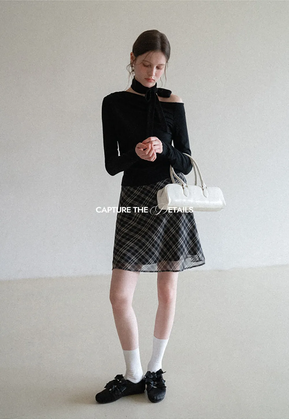 Long sleeve off shoulder top with neck tie detail