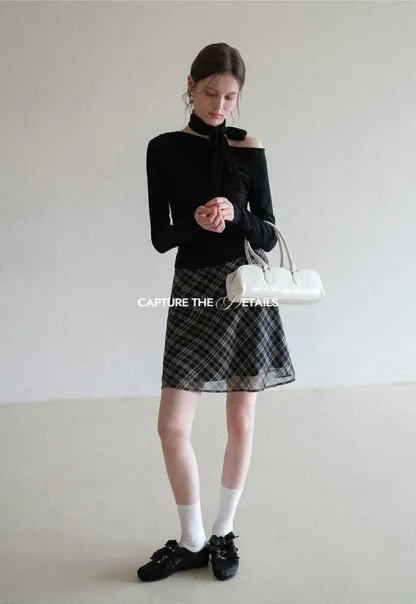 Long sleeve off shoulder top with neck tie detail