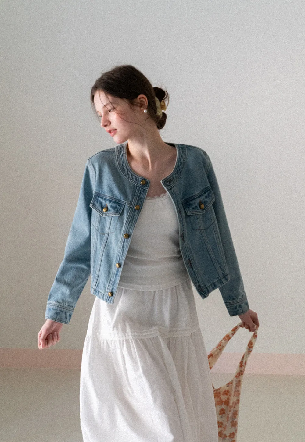 Denim short jacket with button front and chest pockets