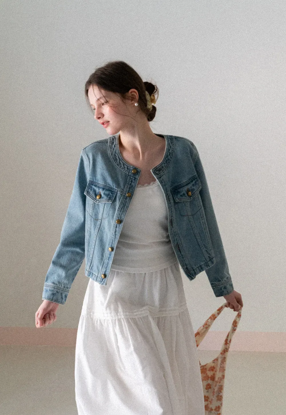 Denim short jacket with button front and chest pockets