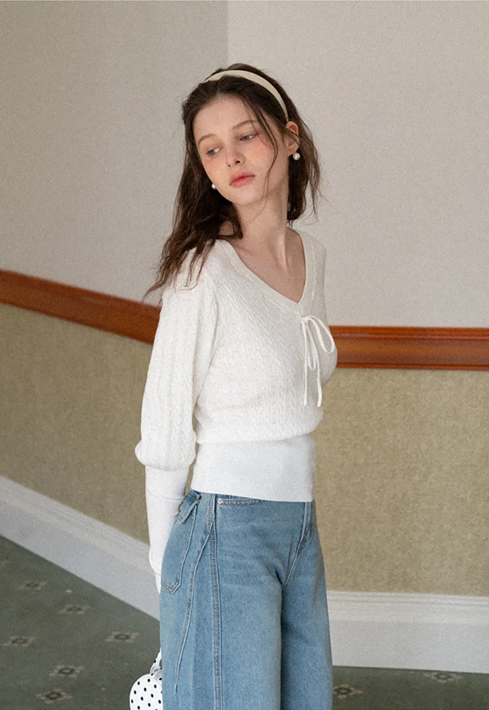 V Neck Knit Sweater with Front Tie Detail