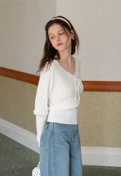 V Neck Knit Sweater with Front Tie Detail