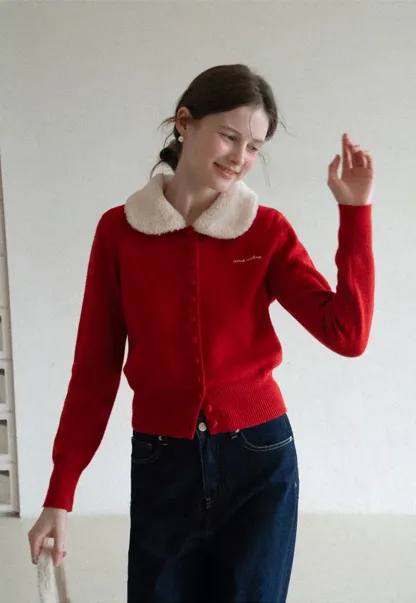 Soft Collar Knit Cardigan with Embroidery Design