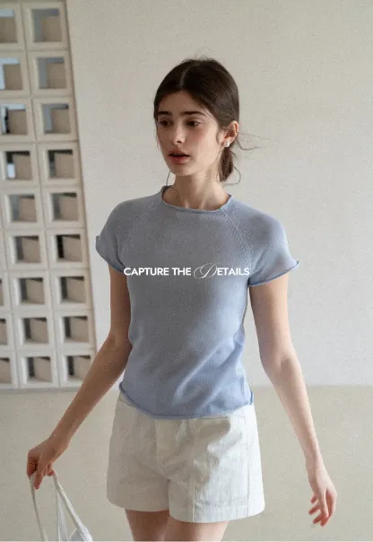 Short Sleeve Ribbed Knit Top with Raglan Sleeves