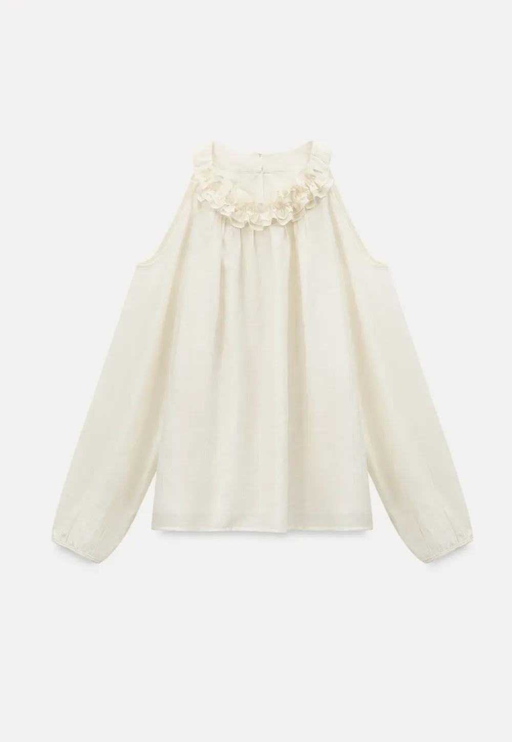 Lace Chiffon Blouse with Ruffled Neck and Cold Shoulder