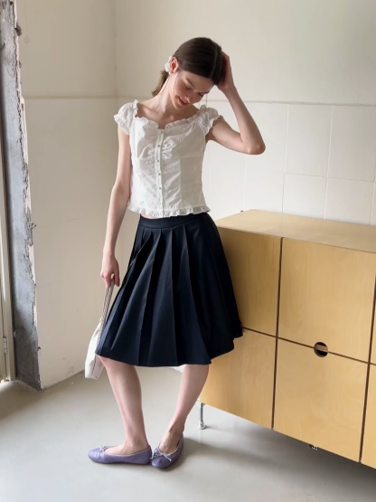 Ruffled Cap Sleeve Embroidered Button Front Shirt