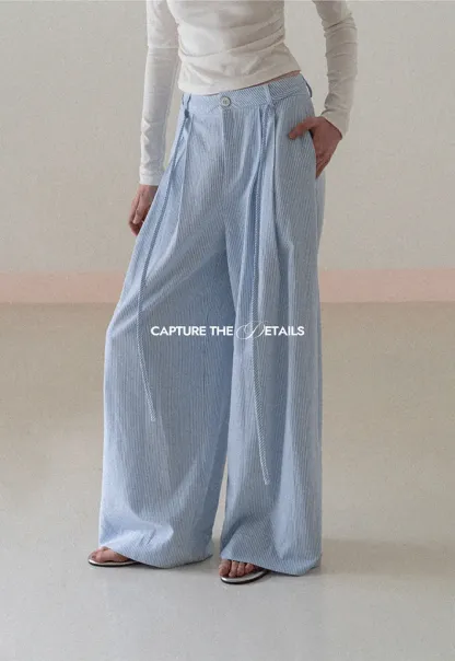 Wide Leg Pleated Casual Pants with Drawstring Waist