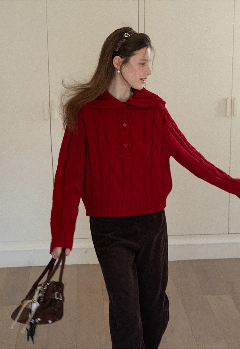 Cable Knit Turtleneck Sweater with Ribbed Sleeves and Hem