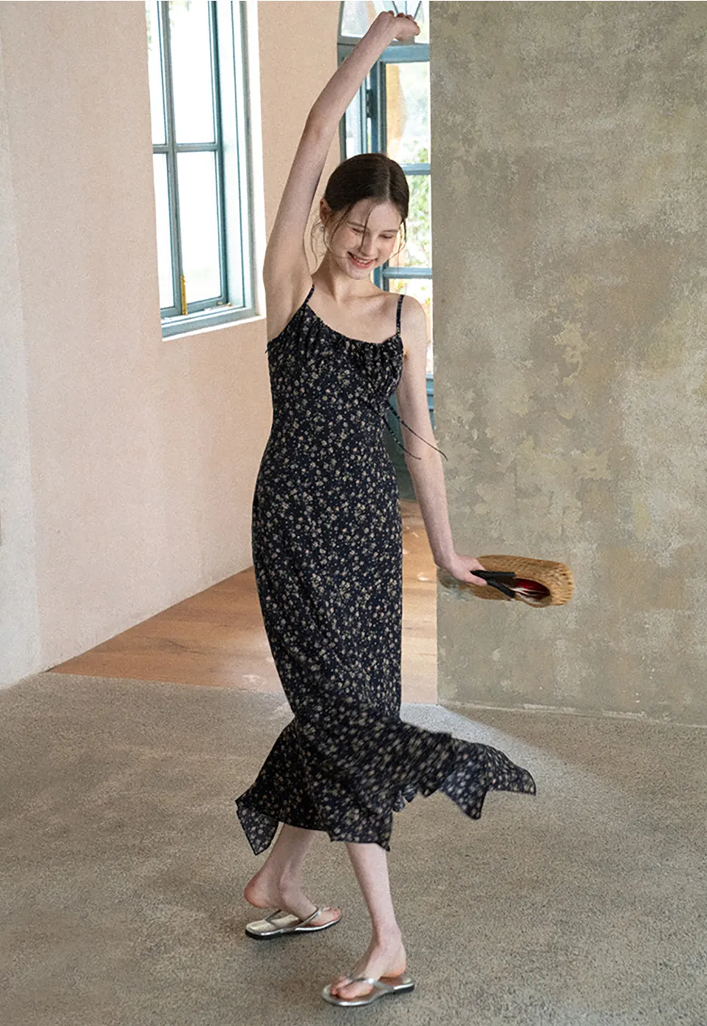 Floral Print Slip Dress with Thin Straps and Asymmetrical Hem