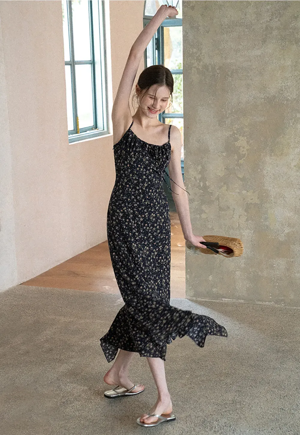 Floral Print Slip Dress with Thin Straps and Asymmetrical Hem