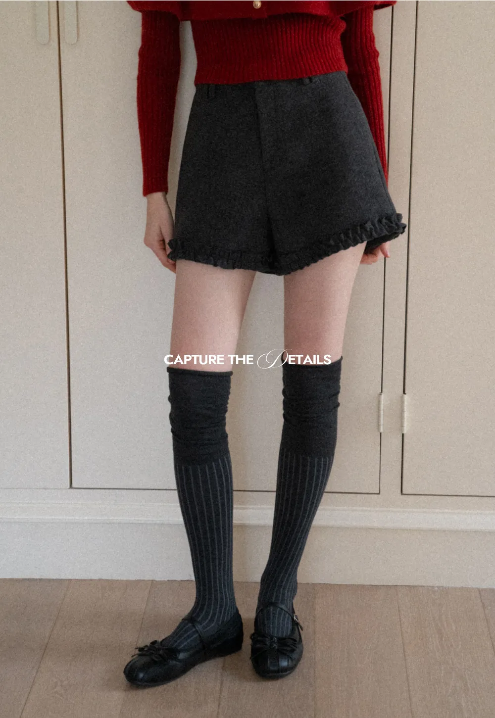 High waist shorts with ruffle hem and belt design