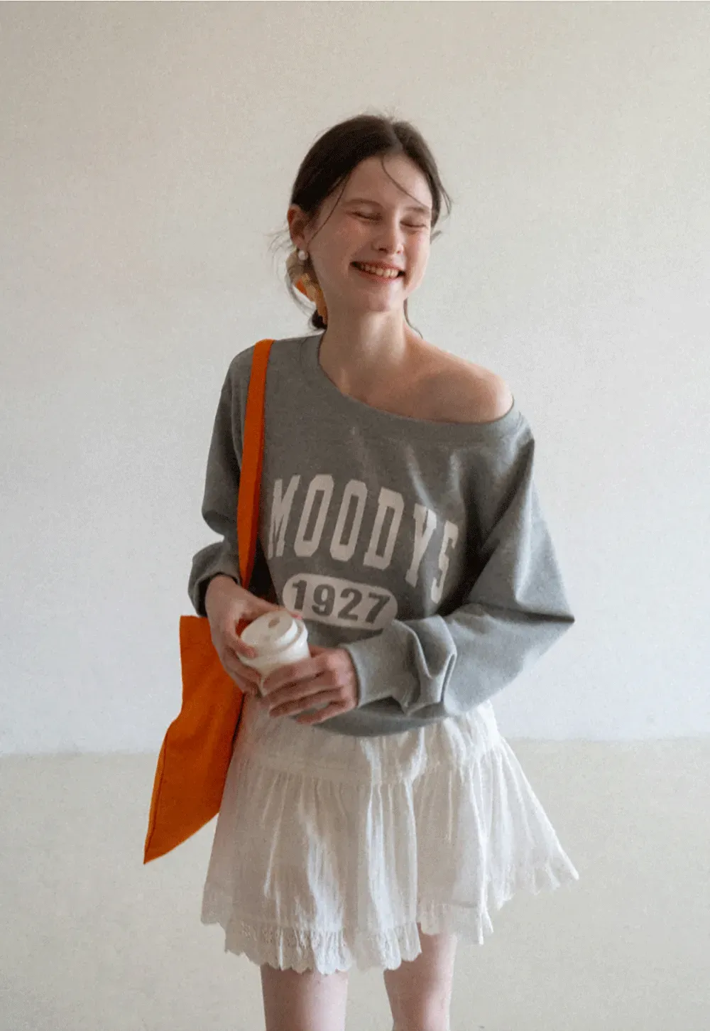 Gray Off Shoulder Sweatshirt with Bold Lettering and Year Print