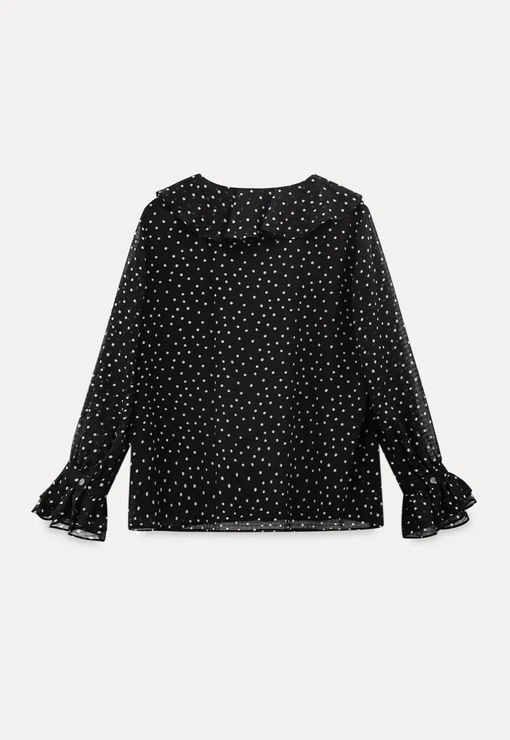 Sheer polka dot blouse with ruffled neckline and long sleeves