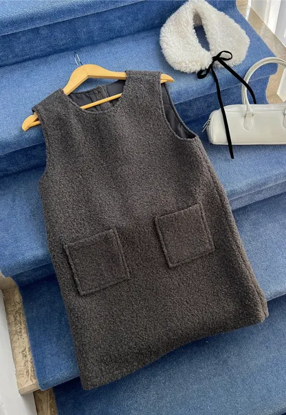 Wool Blend Sleeveless Dress with Faux Fur Collar