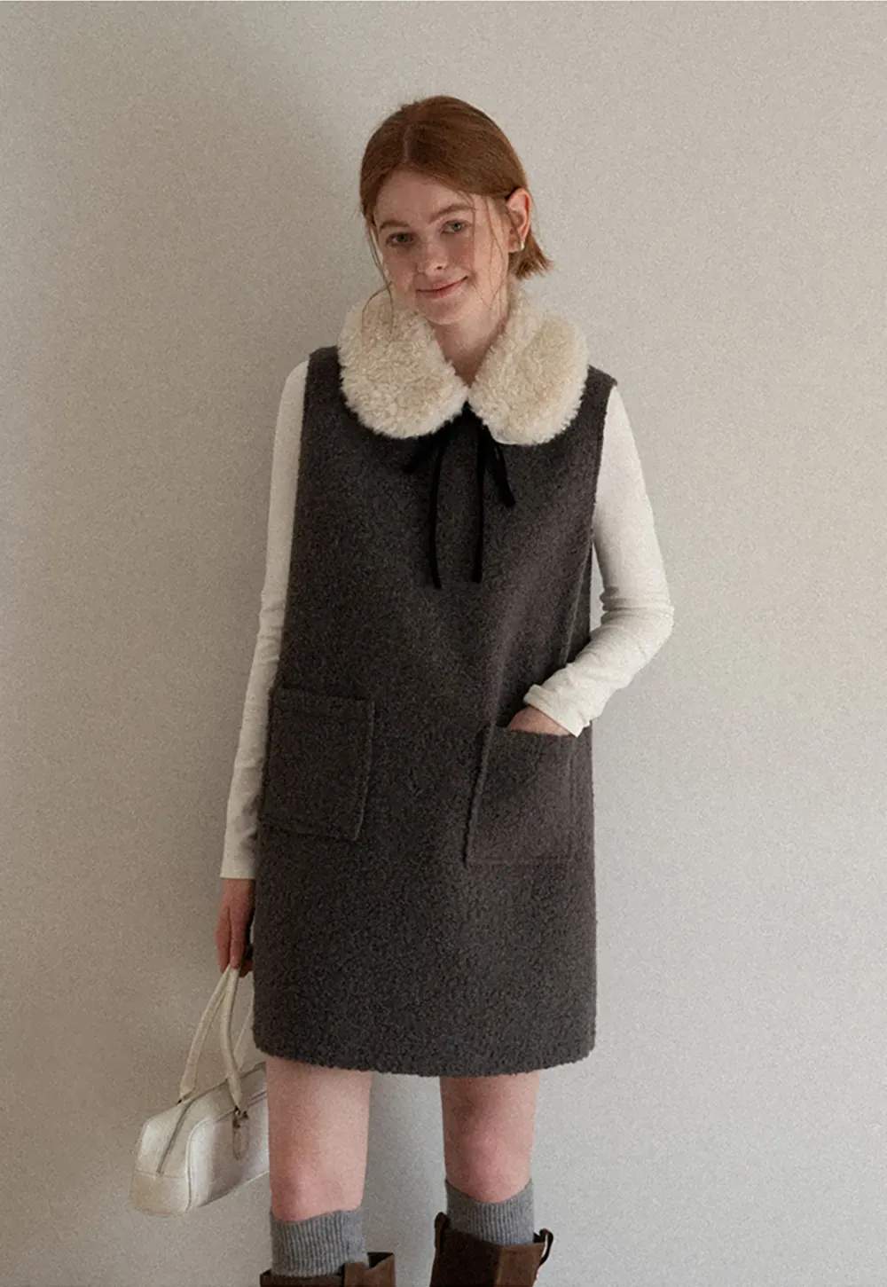 Wool Blend Sleeveless Dress with Faux Fur Collar