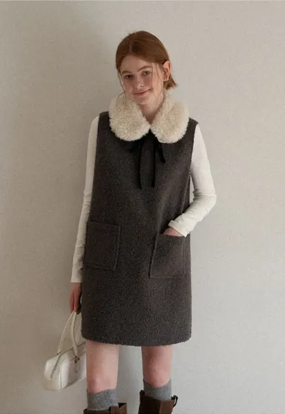 Wool Blend Sleeveless Dress with Faux Fur Collar