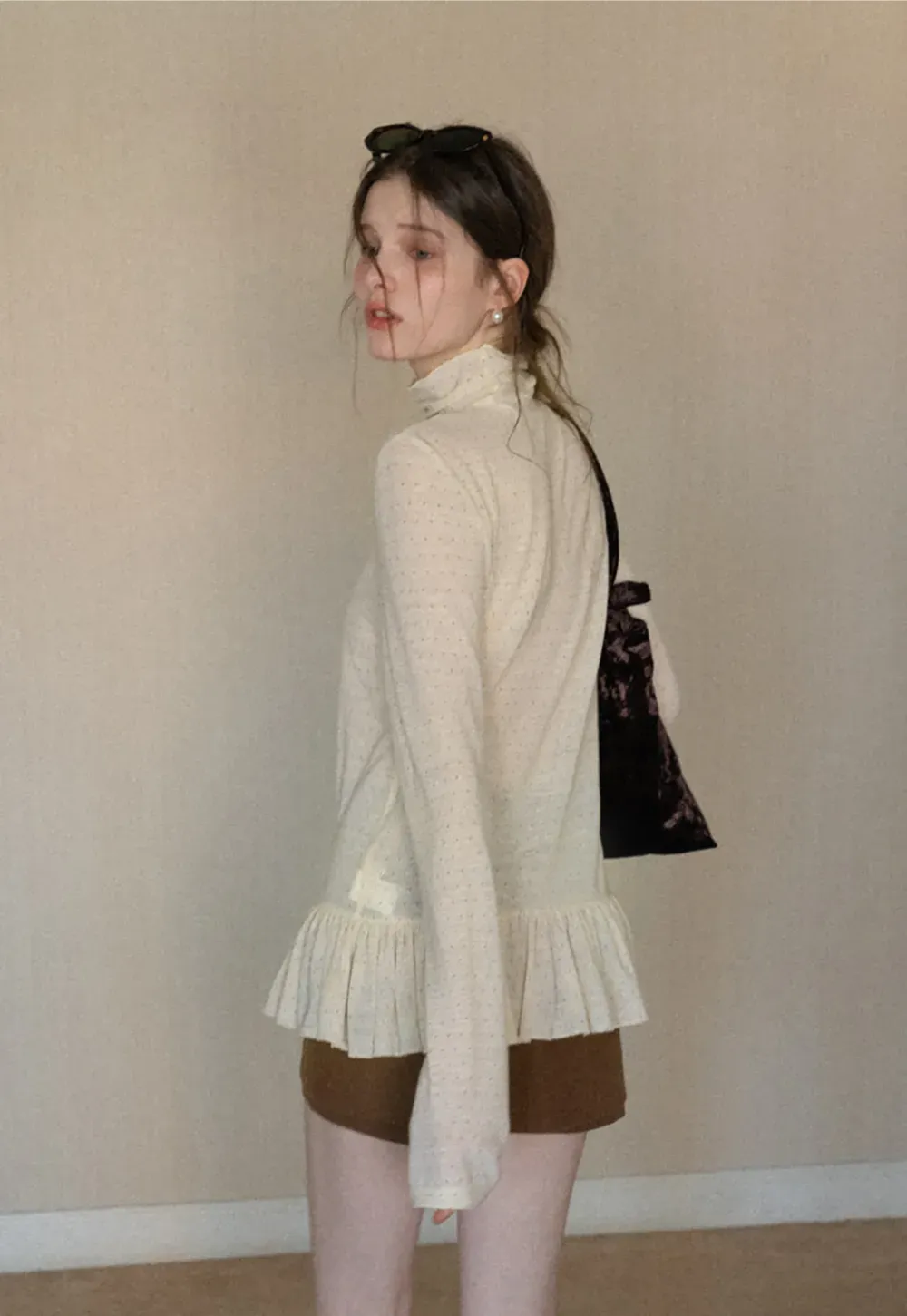 floral dot long sleeve top with ruffle hem