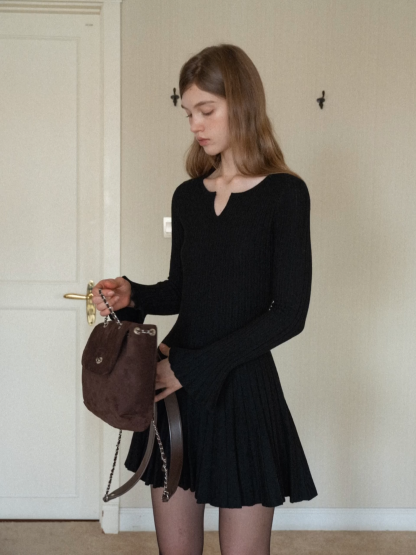 Black Pleated Dress with Bell Sleeves for Women