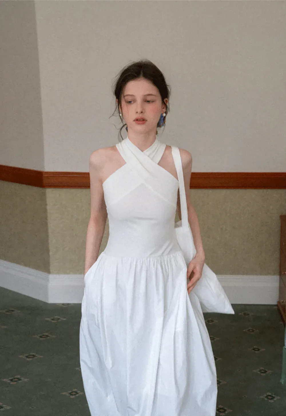 Halter Neck A Line Midi Dress with Pleated Skirt