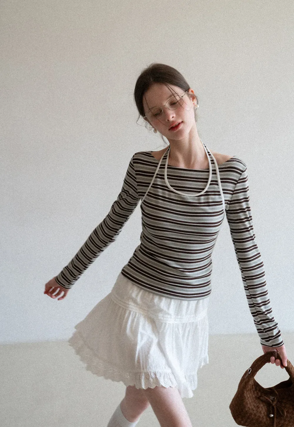 Long sleeve striped top with halter neck detail