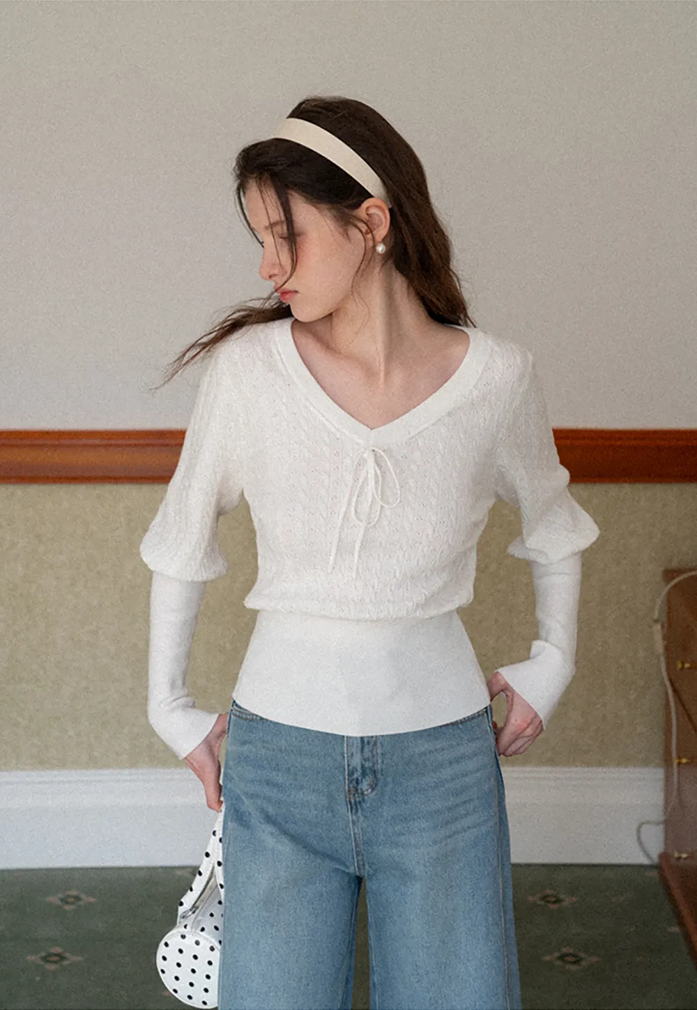 V Neck Knit Sweater with Front Tie Detail