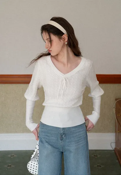 V Neck Knit Sweater with Front Tie Detail